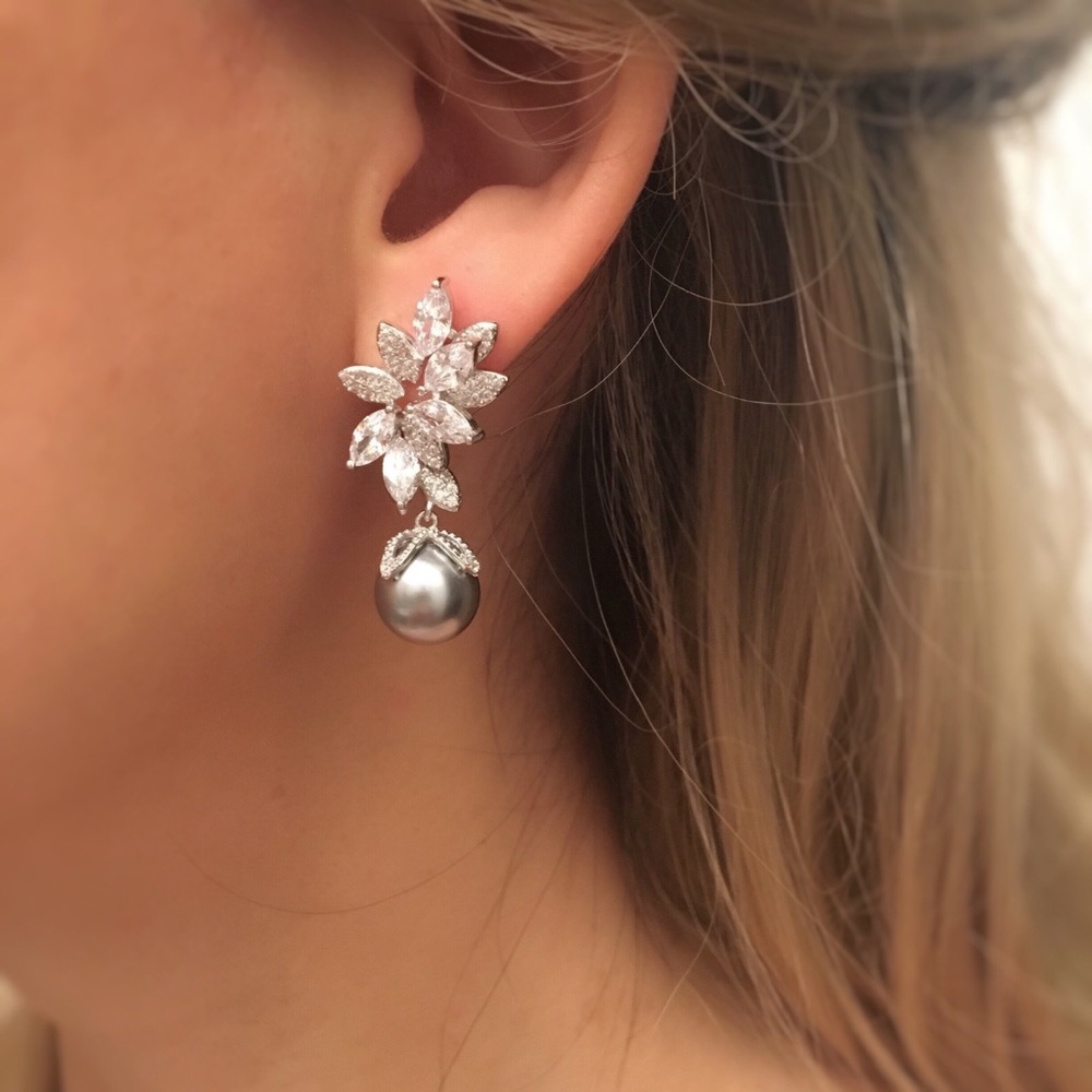White Gold Plated/Pearl CZ Leaf Drop Earrings